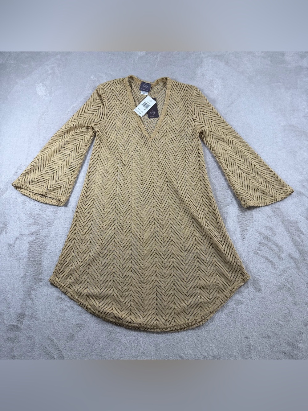 Elif for Jordan‎ Taylor Gold Chevron Lace Crochet V-Neck Swim Cover Up Dress XS